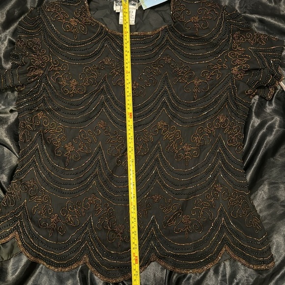 Papell Boutique Gorgeous Black and Gold Beaded Evening Top Scalloped Bottom NWT - Picture 9 of 10